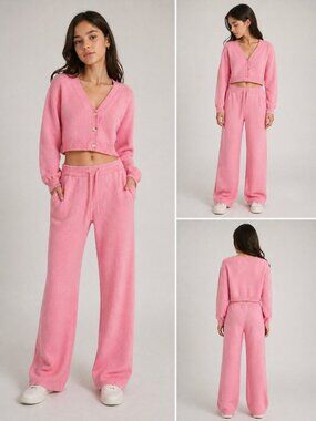 Pink Knit Lounge Set Cropped Cardigan Wide Leg Pants Minimal Chic